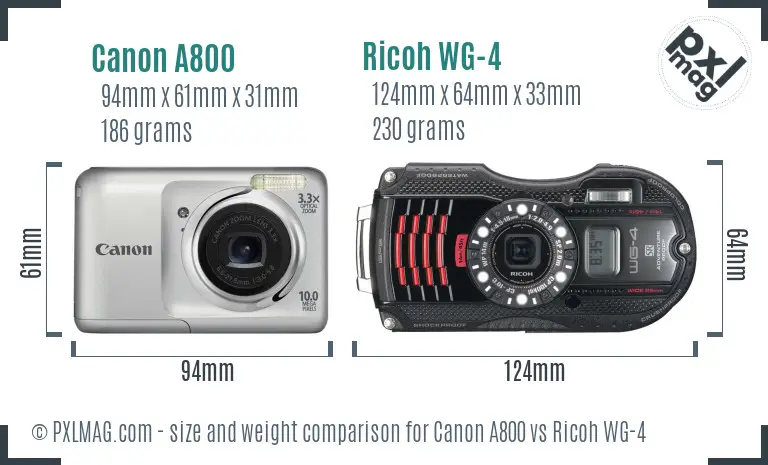 Canon A800 vs Ricoh WG-4 size comparison