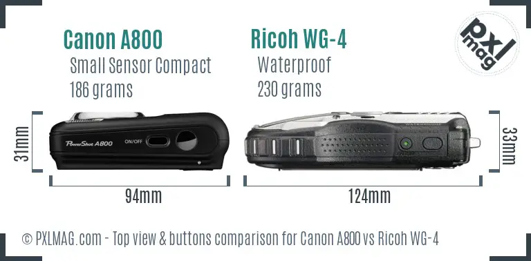 Canon A800 vs Ricoh WG-4 top view buttons comparison