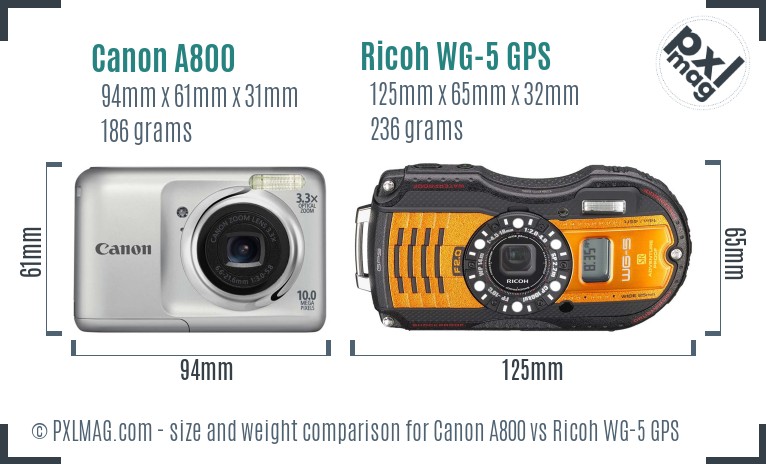 Canon A800 vs Ricoh WG-5 GPS size comparison