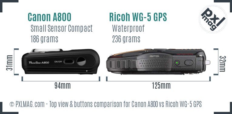 Canon A800 vs Ricoh WG-5 GPS top view buttons comparison