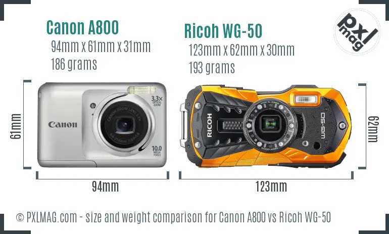 Canon A800 vs Ricoh WG-50 size comparison