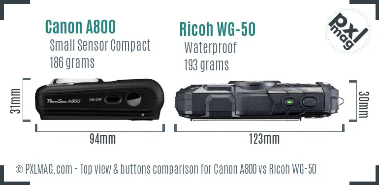 Canon A800 vs Ricoh WG-50 top view buttons comparison