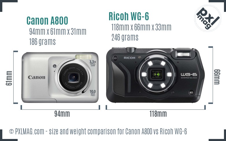 Canon A800 vs Ricoh WG-6 size comparison