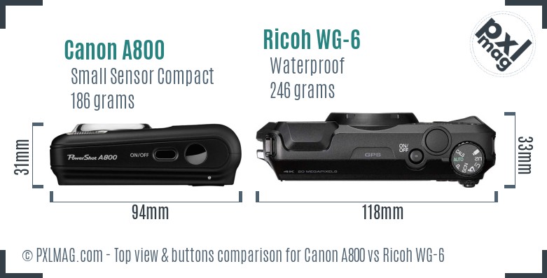 Canon A800 vs Ricoh WG-6 top view buttons comparison