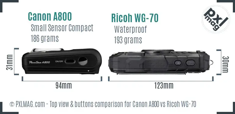 Canon A800 vs Ricoh WG-70 top view buttons comparison Canon A800 vs Ricoh WG-70 top view buttons comparison