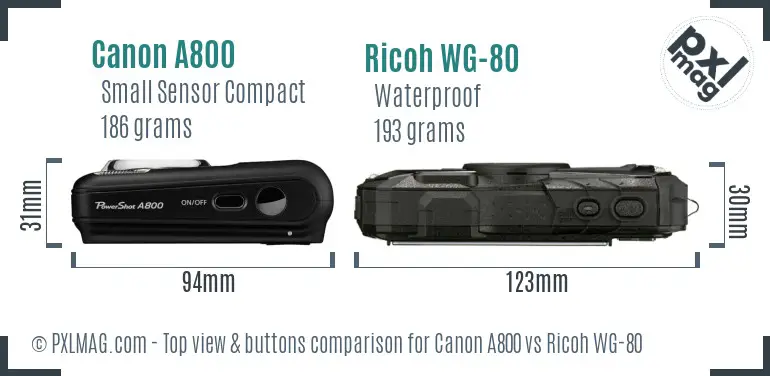 Canon A800 vs Ricoh WG-80 top view buttons comparison Canon A800 vs Ricoh WG-80 top view buttons comparison