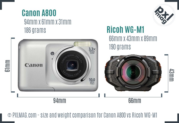 Canon A800 vs Ricoh WG-M1 size comparison