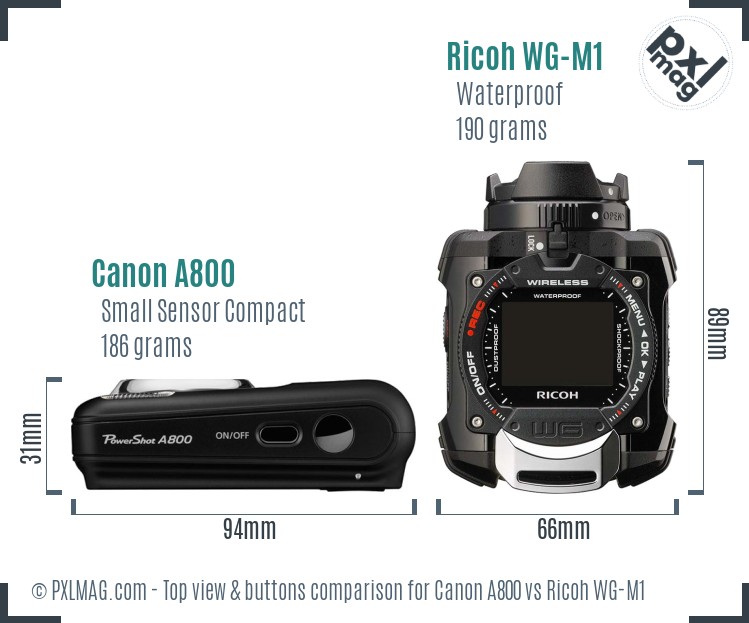 Canon A800 vs Ricoh WG-M1 top view buttons comparison