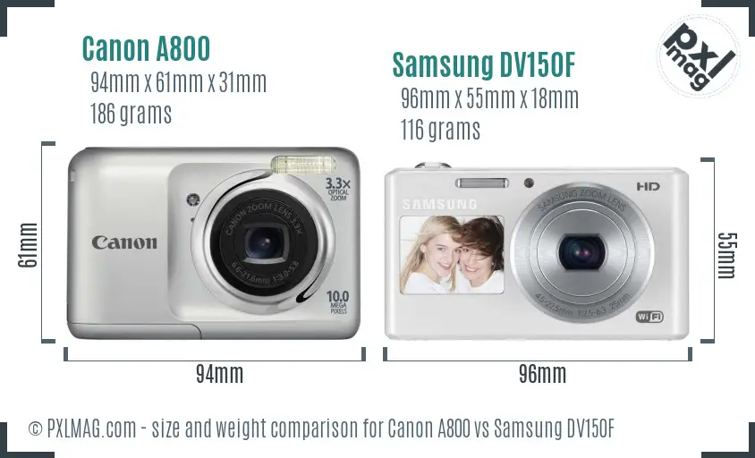 Canon A800 vs Samsung DV150F size comparison