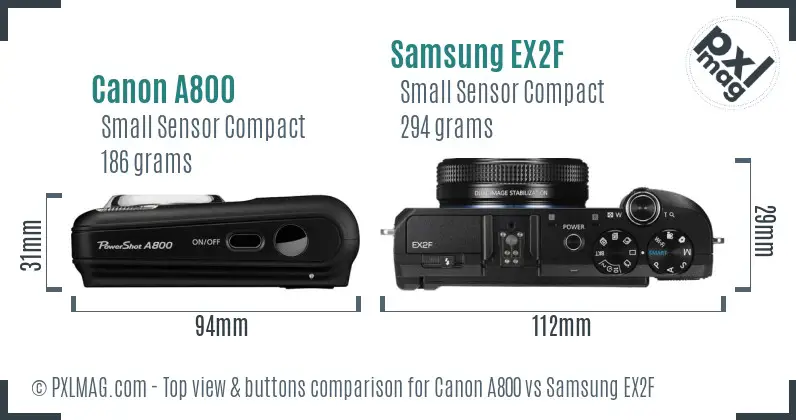 Canon A800 vs Samsung EX2F top view buttons comparison