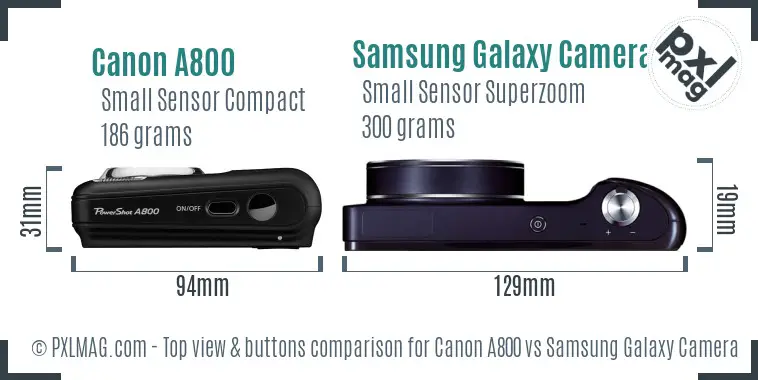 Canon A800 vs Samsung Galaxy Camera top view buttons comparison