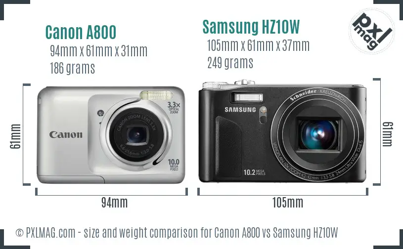 Canon A800 vs Samsung HZ10W size comparison Canon A800 vs Samsung HZ10W size comparison