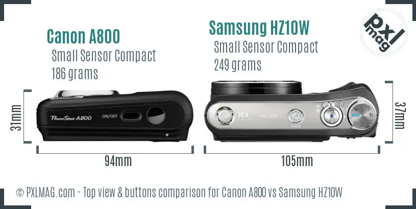 Canon A800 vs Samsung HZ10W top view buttons comparison Canon A800 vs Samsung HZ10W top view buttons comparison