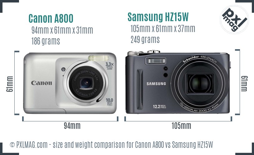 Canon A800 vs Samsung HZ15W size comparison