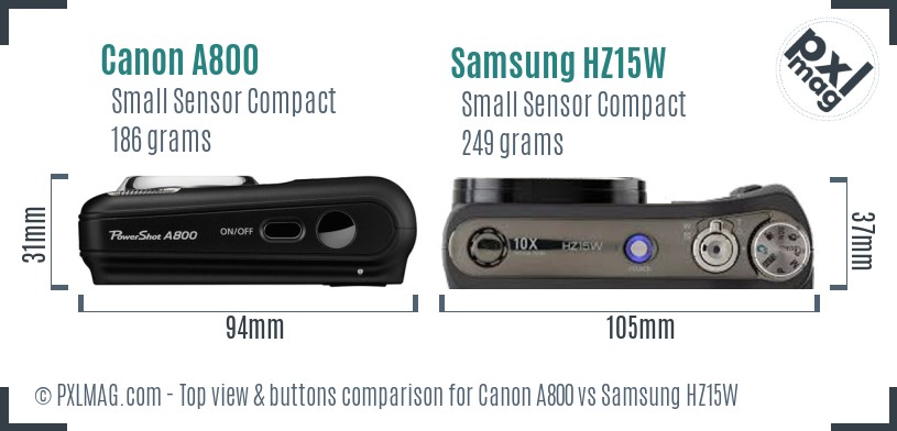 Canon A800 vs Samsung HZ15W top view buttons comparison