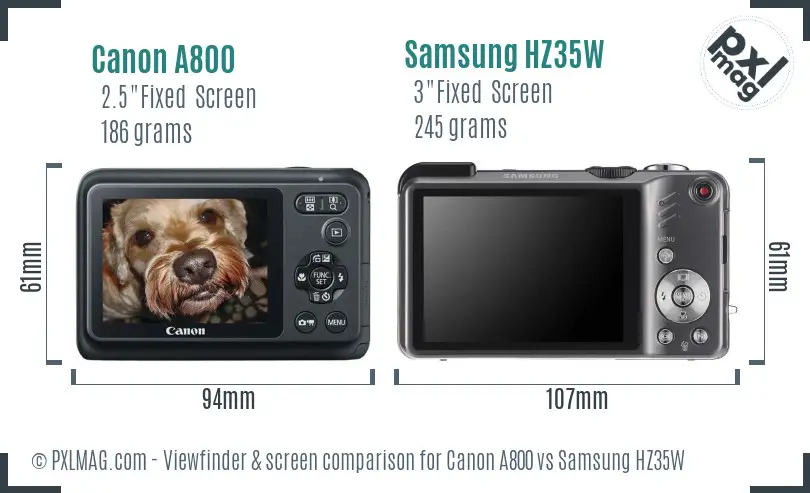 Canon A800 vs Samsung HZ35W Screen and Viewfinder comparison