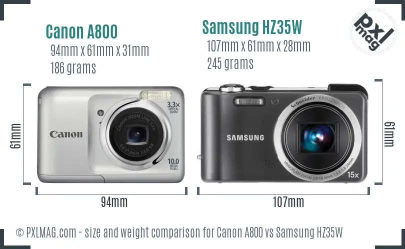 Canon A800 vs Samsung HZ35W size comparison
