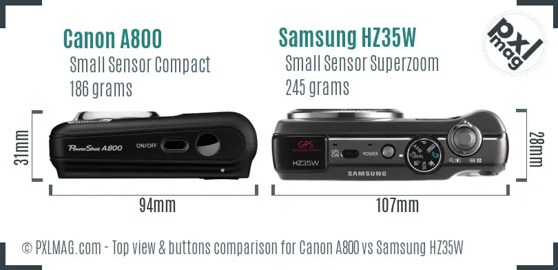Canon A800 vs Samsung HZ35W top view buttons comparison