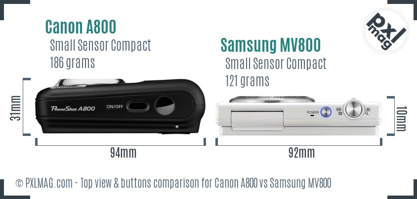 Canon A800 vs Samsung MV800 top view buttons comparison