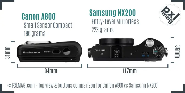 Canon A800 vs Samsung NX200 top view buttons comparison