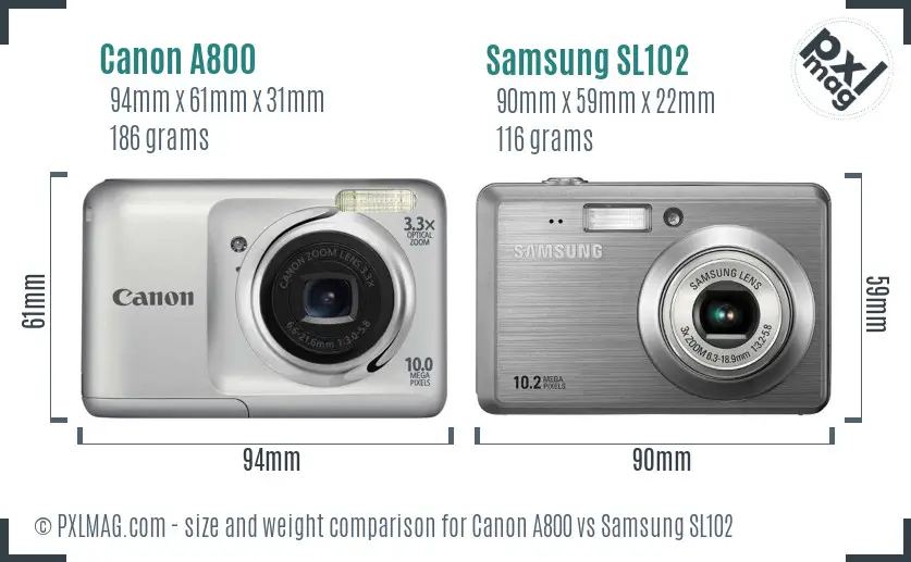 Canon A800 vs Samsung SL102 size comparison