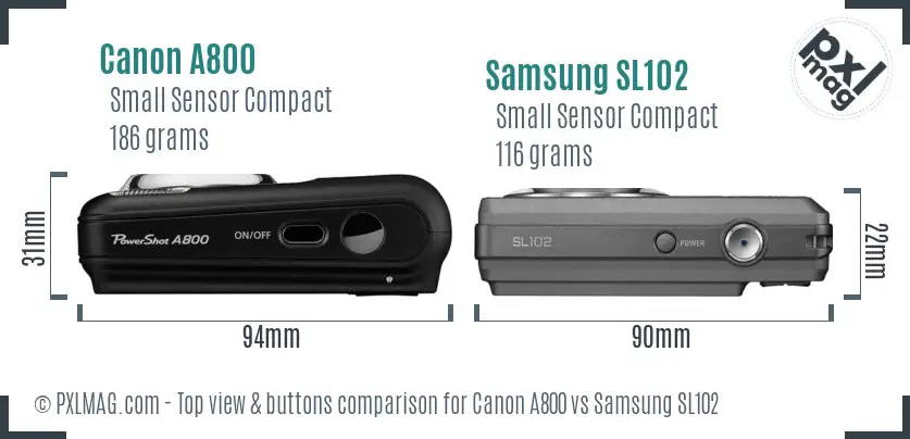 Canon A800 vs Samsung SL102 top view buttons comparison