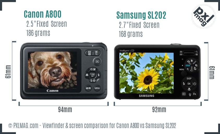 Canon A800 vs Samsung SL202 Screen and Viewfinder comparison