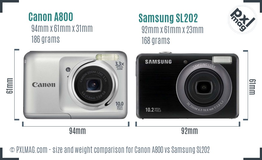 Canon A800 vs Samsung SL202 size comparison