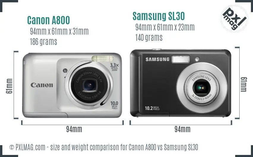 Canon A800 vs Samsung SL30 size comparison