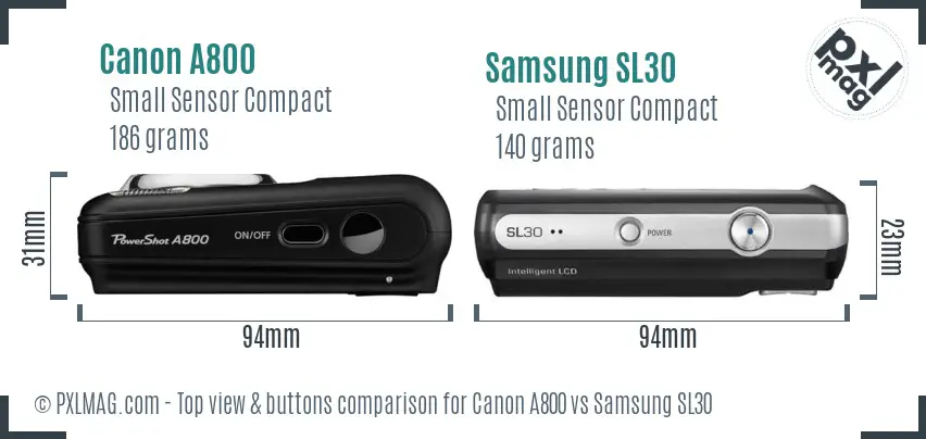 Canon A800 vs Samsung SL30 top view buttons comparison