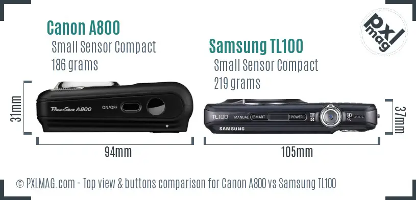 Canon A800 vs Samsung TL100 top view buttons comparison