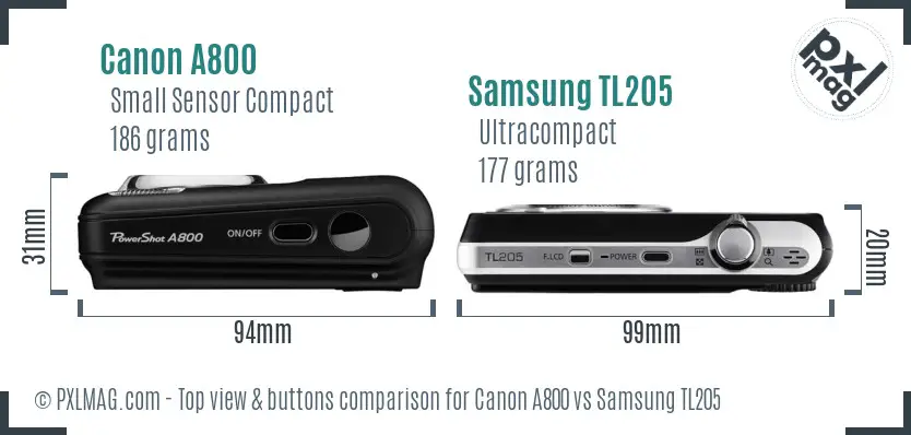 Canon A800 vs Samsung TL205 top view buttons comparison