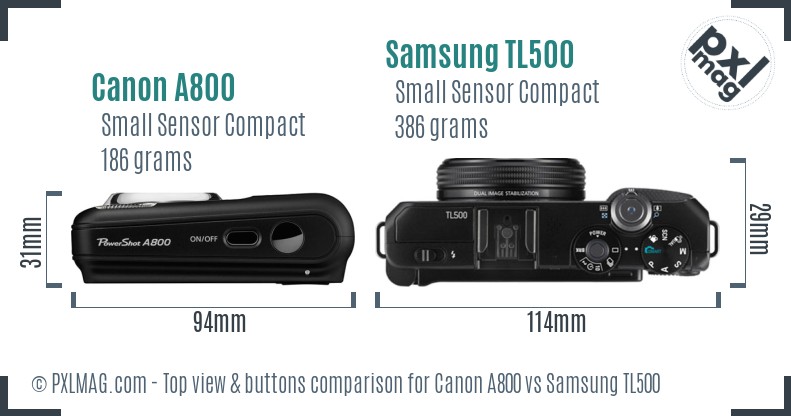 Canon A800 vs Samsung TL500 top view buttons comparison