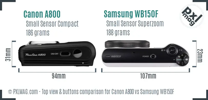 Canon A800 vs Samsung WB150F top view buttons comparison Canon A800 vs Samsung WB150F top view buttons comparison