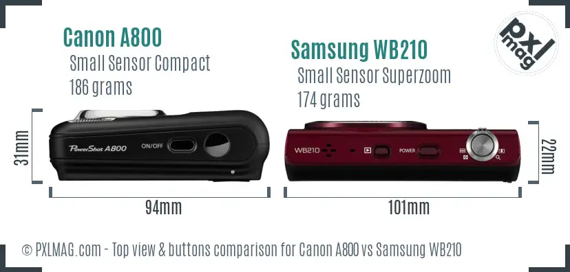 Canon A800 vs Samsung WB210 top view buttons comparison