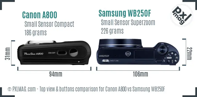 Canon A800 vs Samsung WB250F top view buttons comparison Canon A800 vs Samsung WB250F top view buttons comparison