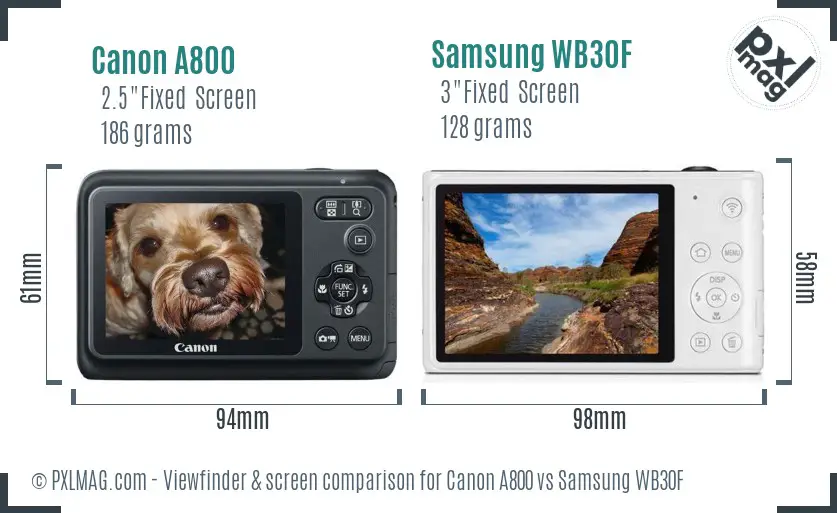 Canon A800 vs Samsung WB30F Screen and Viewfinder comparison