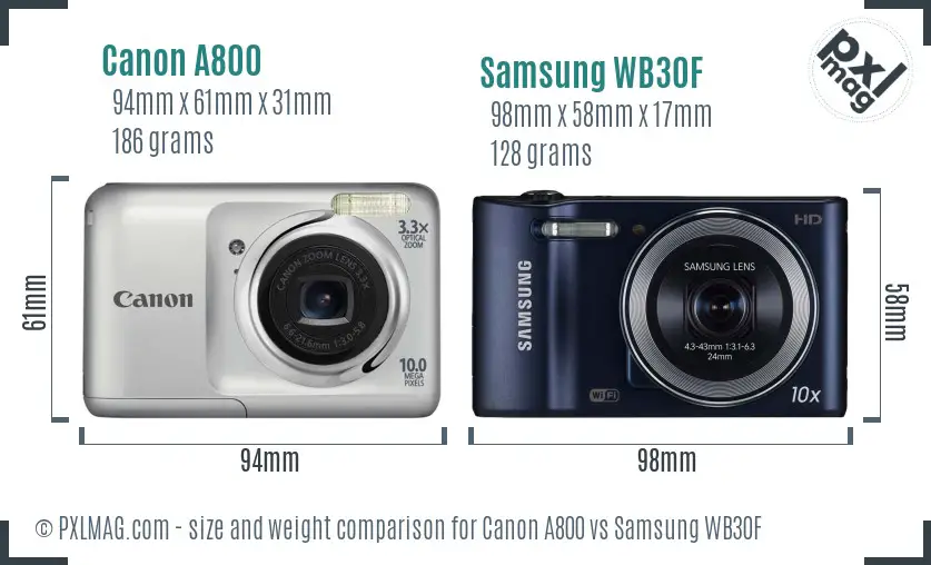Canon A800 vs Samsung WB30F size comparison