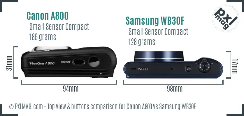 Canon A800 vs Samsung WB30F top view buttons comparison