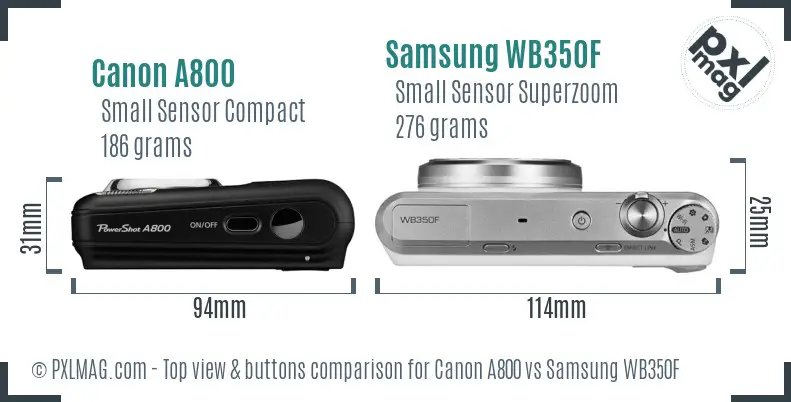 Canon A800 vs Samsung WB350F top view buttons comparison Canon A800 vs Samsung WB350F top view buttons comparison