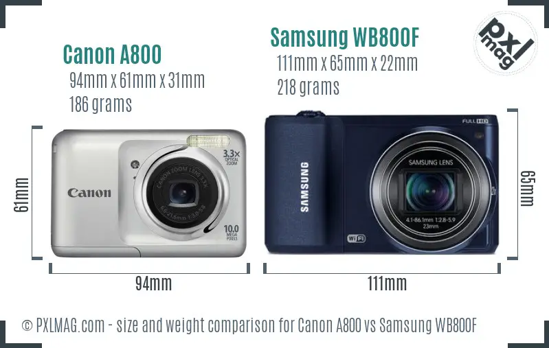 Canon A800 vs Samsung WB800F size comparison