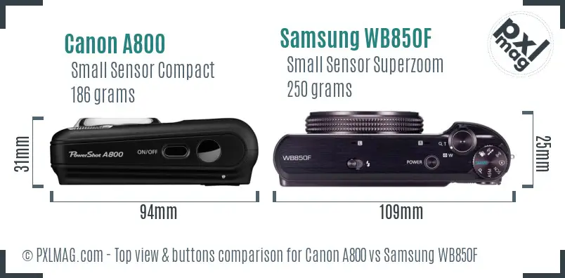 Canon A800 vs Samsung WB850F top view buttons comparison