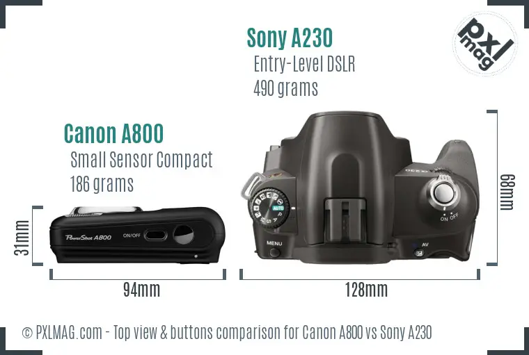Canon A800 vs Sony A230 top view buttons comparison