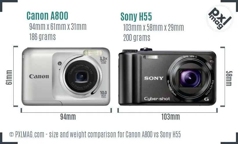 Canon A800 vs Sony H55 size comparison