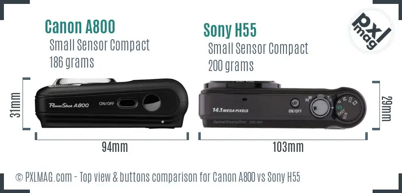 Canon A800 vs Sony H55 top view buttons comparison