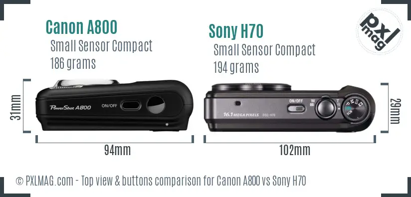 Canon A800 vs Sony H70 top view buttons comparison Canon A800 vs Sony H70 top view buttons comparison