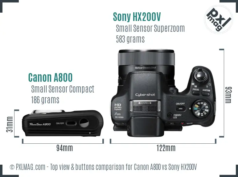 Canon A800 vs Sony HX200V top view buttons comparison