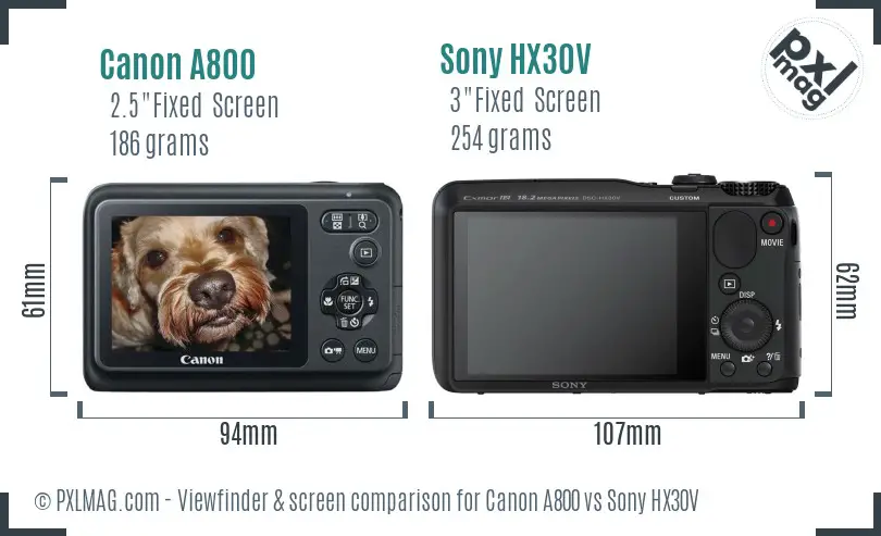 Canon A800 vs Sony HX30V Screen and Viewfinder comparison