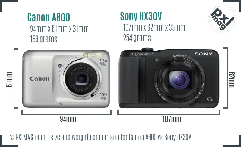 Canon A800 vs Sony HX30V size comparison