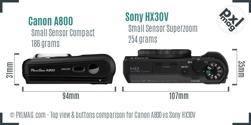 Canon A800 vs Sony HX30V top view buttons comparison